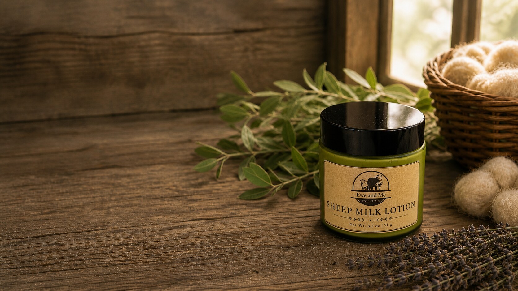 Ewe and Me Essentials Sheep Milk Lotion on a rustic wooden table with olive branches and lavender