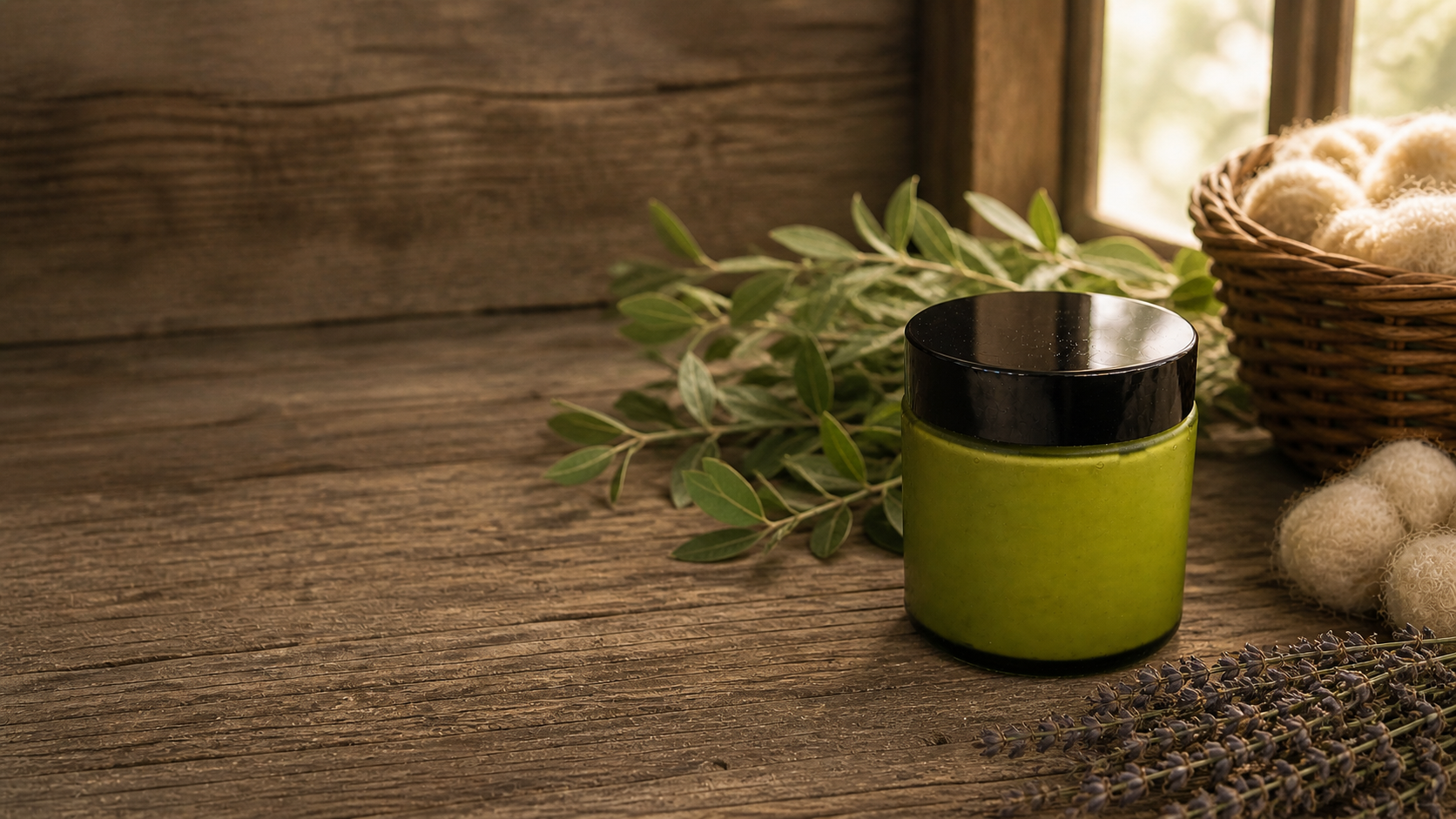Ewe and Me Essentials Sheep Milk Lotion on a rustic wooden table with olive branches and lavender