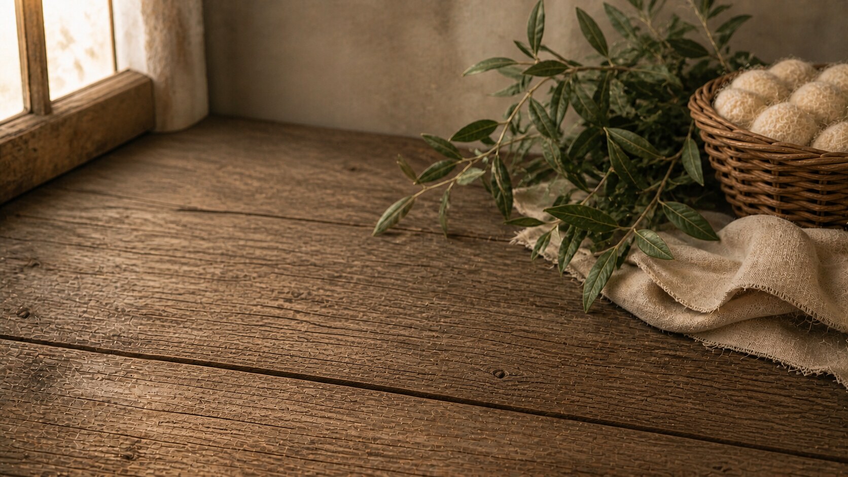 Sheep milk lotion jar with olive branches and lavender on a rustic windowsill
