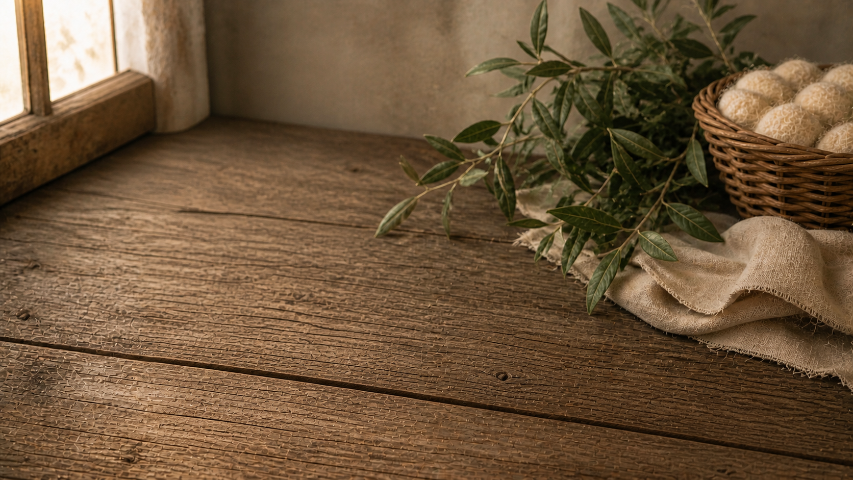Sheep milk lotion jar with olive branches and lavender on a rustic windowsill