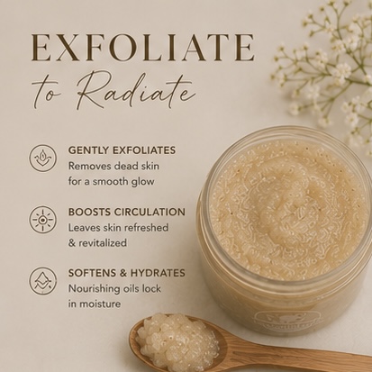 Exfoliate to radiate - gently exfoliates, boosts circulation, softens and hydrates