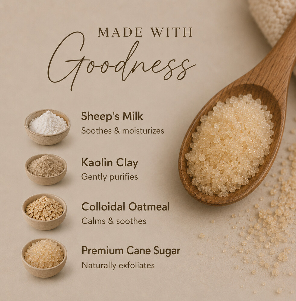 Made with goodness - sheep's milk, kaolin clay, colloidal oatmeal, premium cane sugar