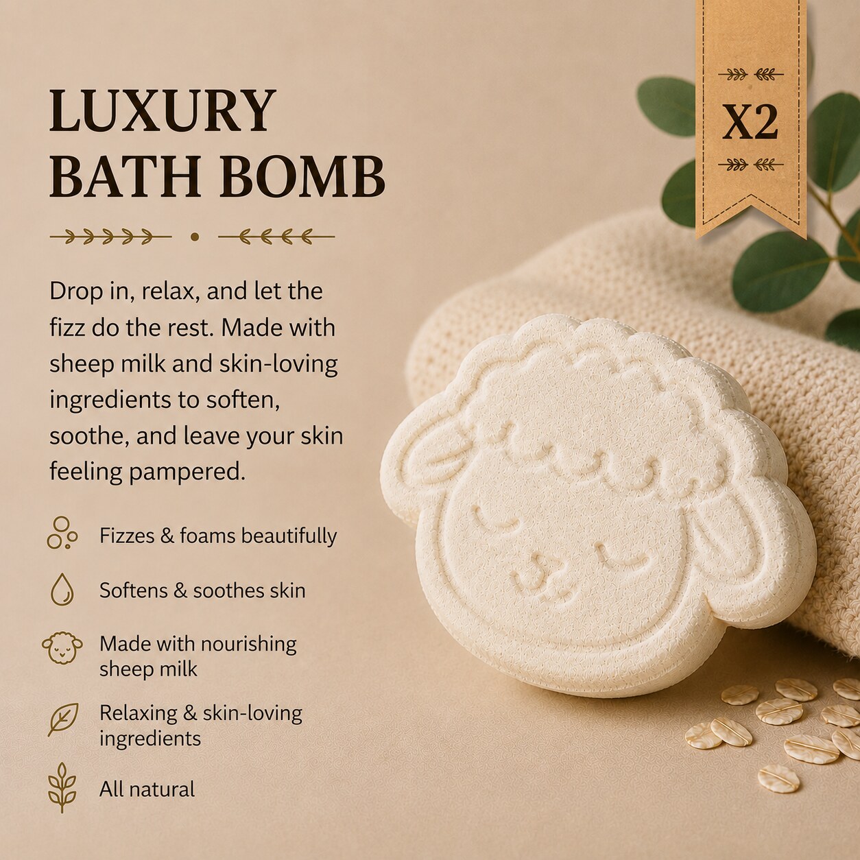 Two Luxury Bath Bombs — fizz and foam with nourishing sheep milk